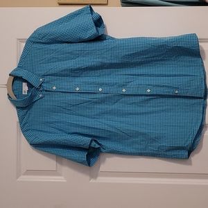 Mens turquoise-checked short sleeve button down.